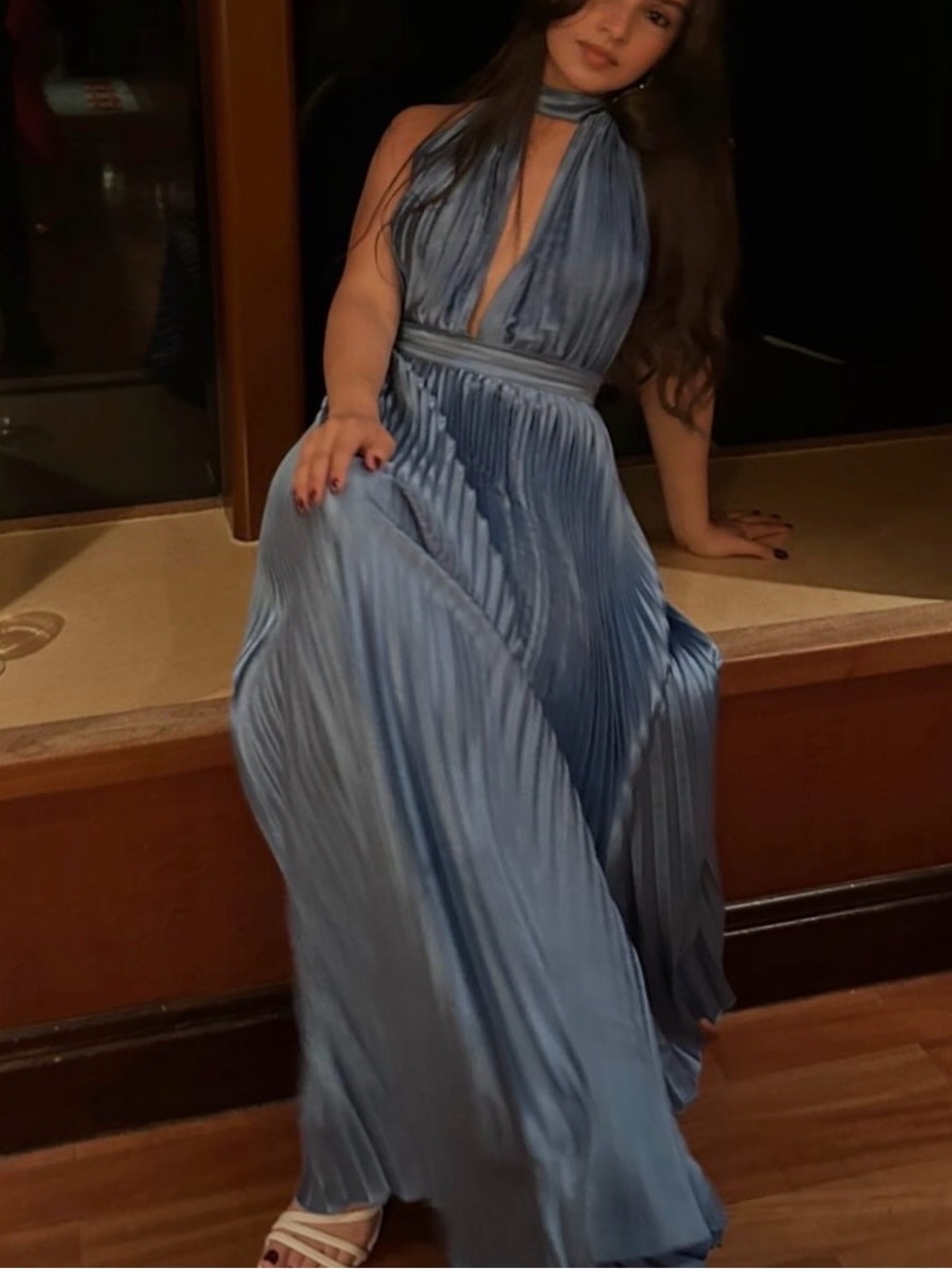 Anthropologie Slate Blue Pleated Halter Maxi Dress